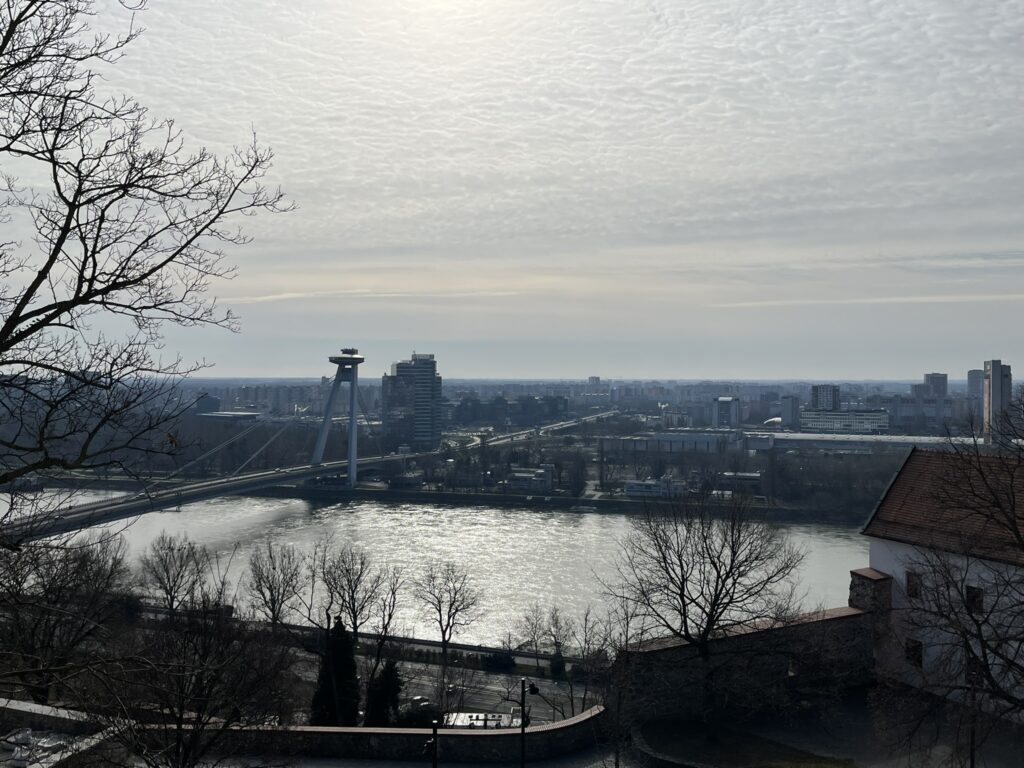 View from afar of the UFO Tower in Bratislava