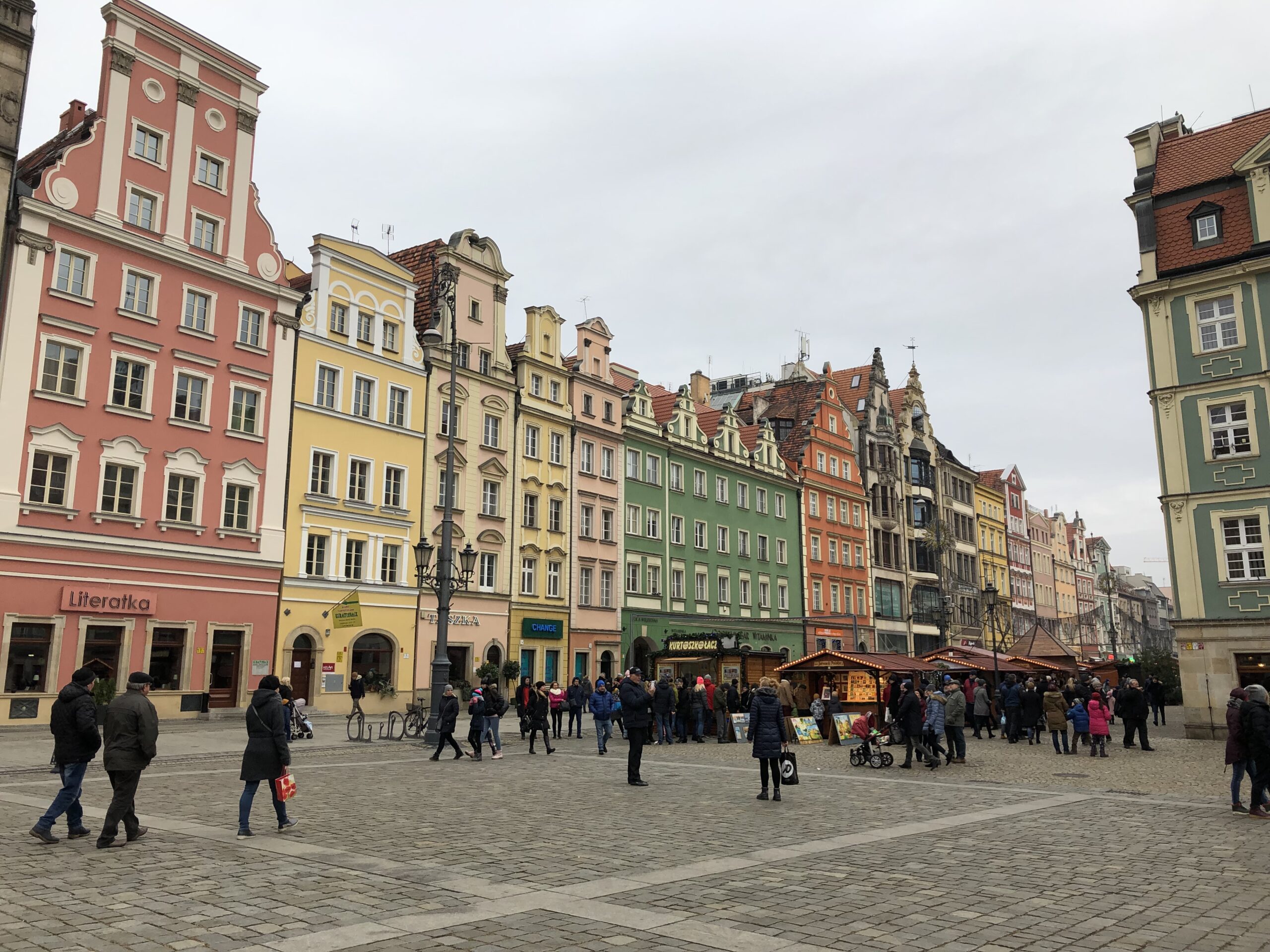 Town square colorful buildings in Wroclaw Poland