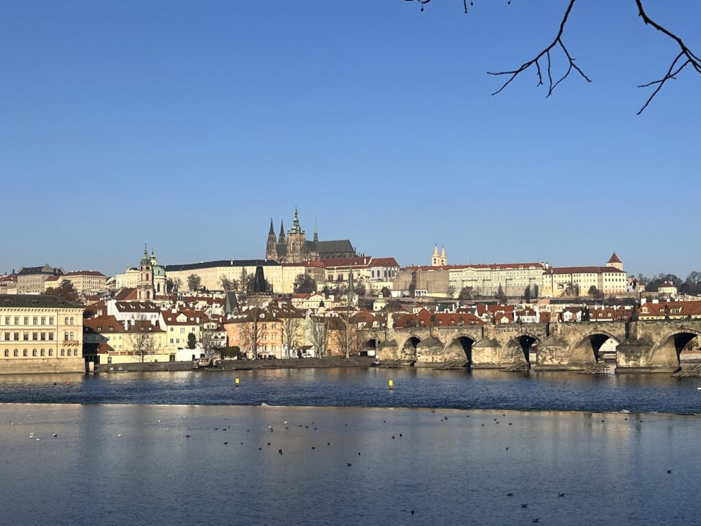 View of Prague Castle, river and Charles Bridge 