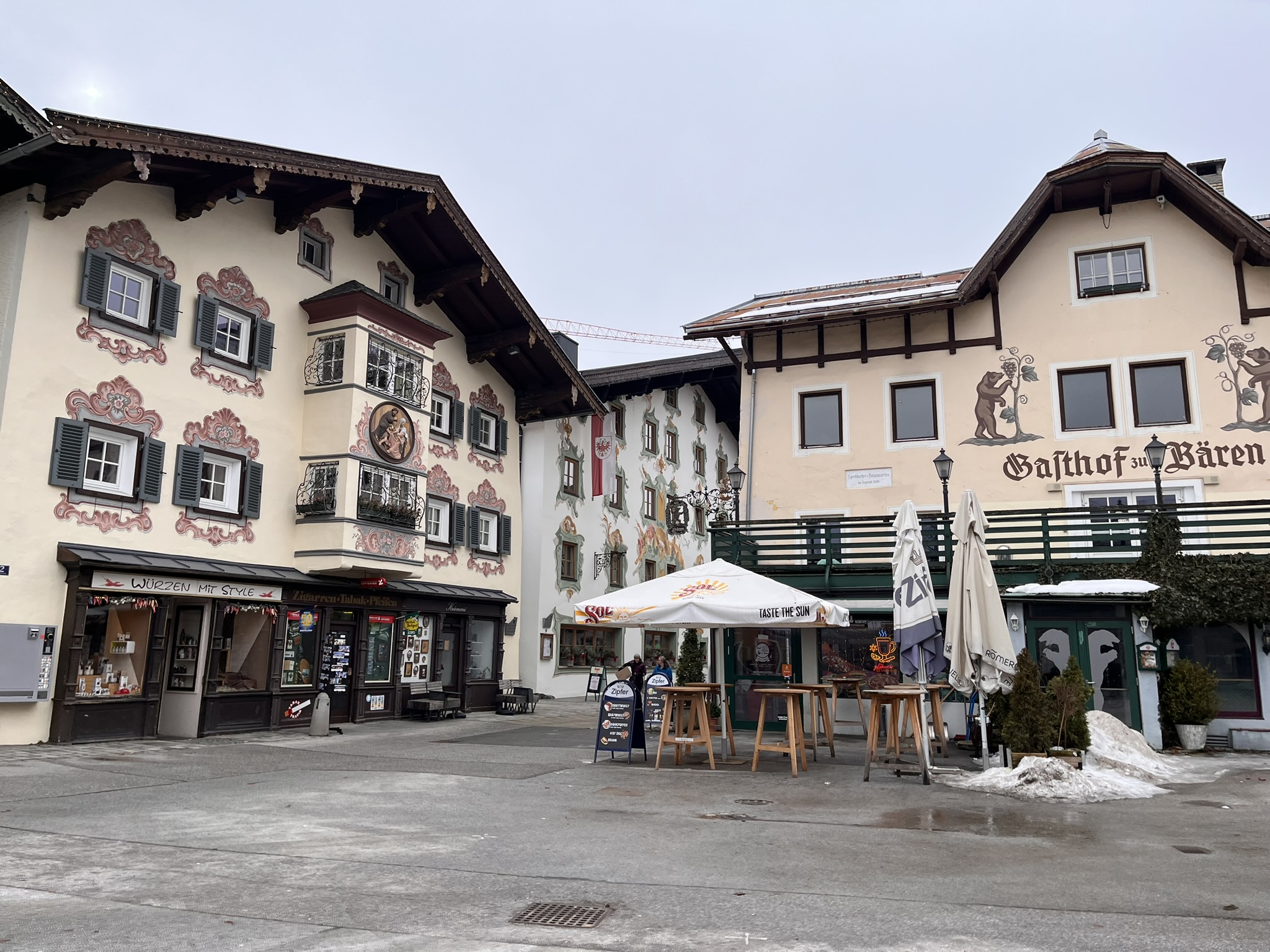 Tirol town with colorful buildings St Johann in Tirol