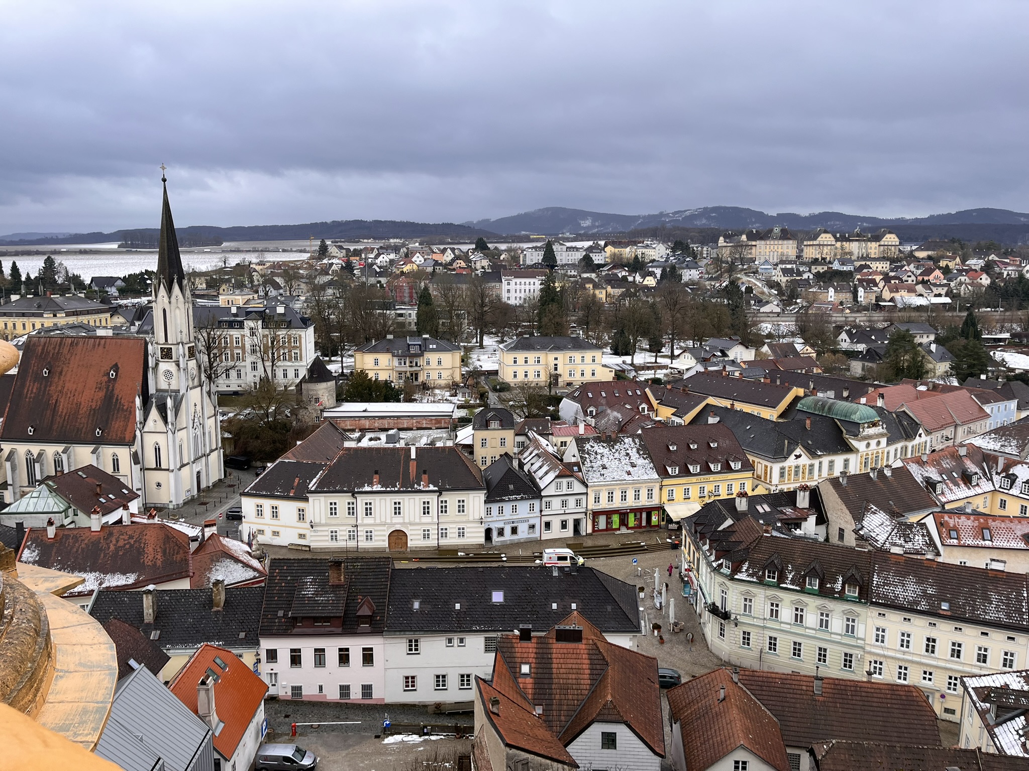 A photo of the town of Melk from the Abbey