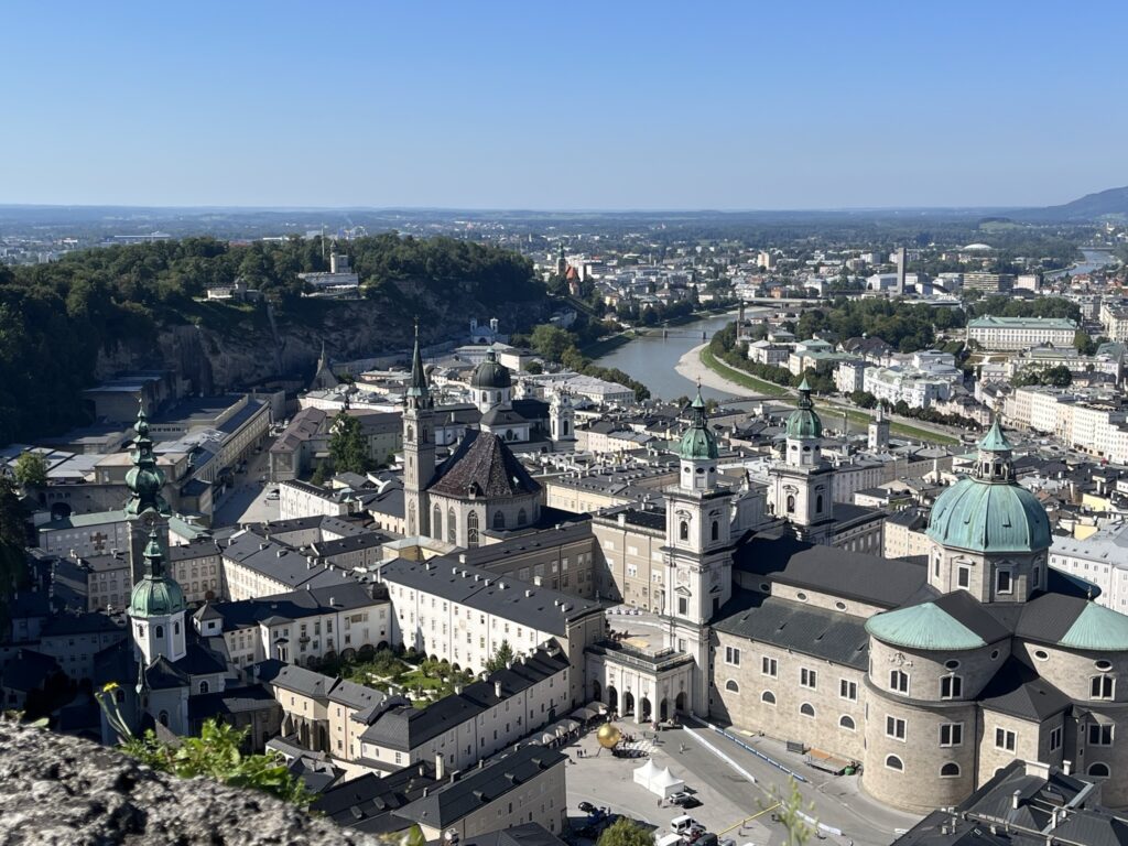 Aerial view of Salzburg with buildings and river