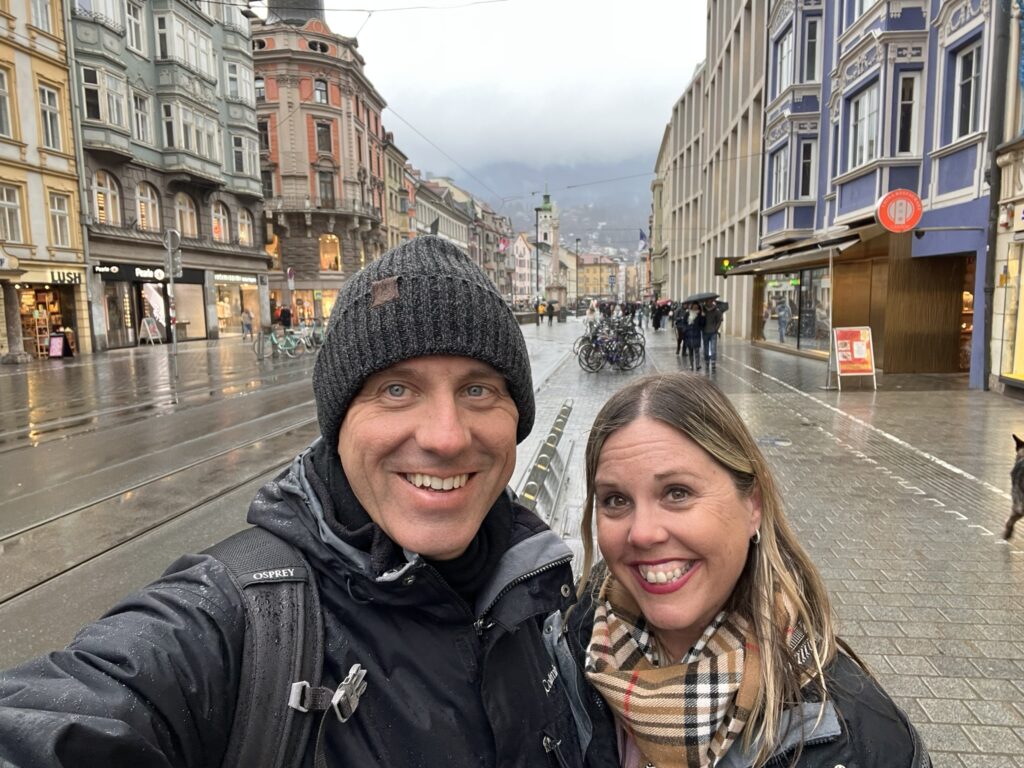 Two people in Innsbruck. It's raining