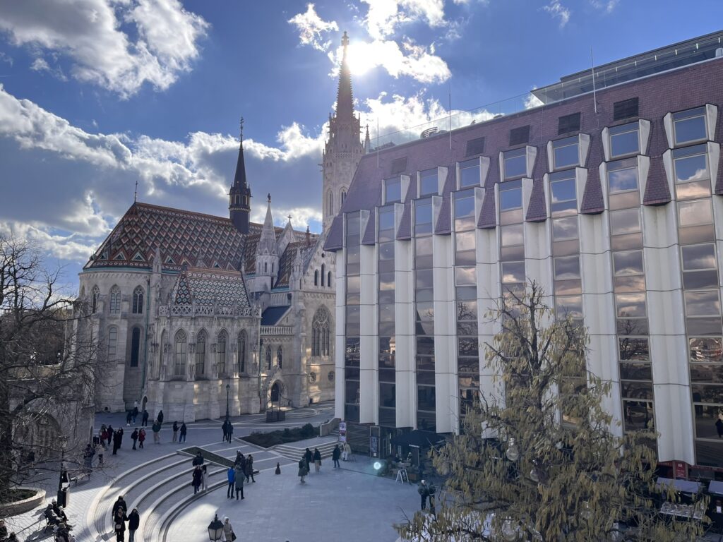 Exterior of the Budapest Hilton. Church nextdoor