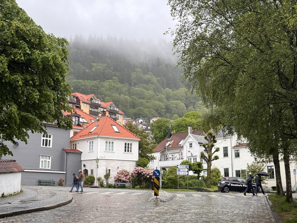 Norwegian buildings, fog, rain and cobblestone streets up to mountains