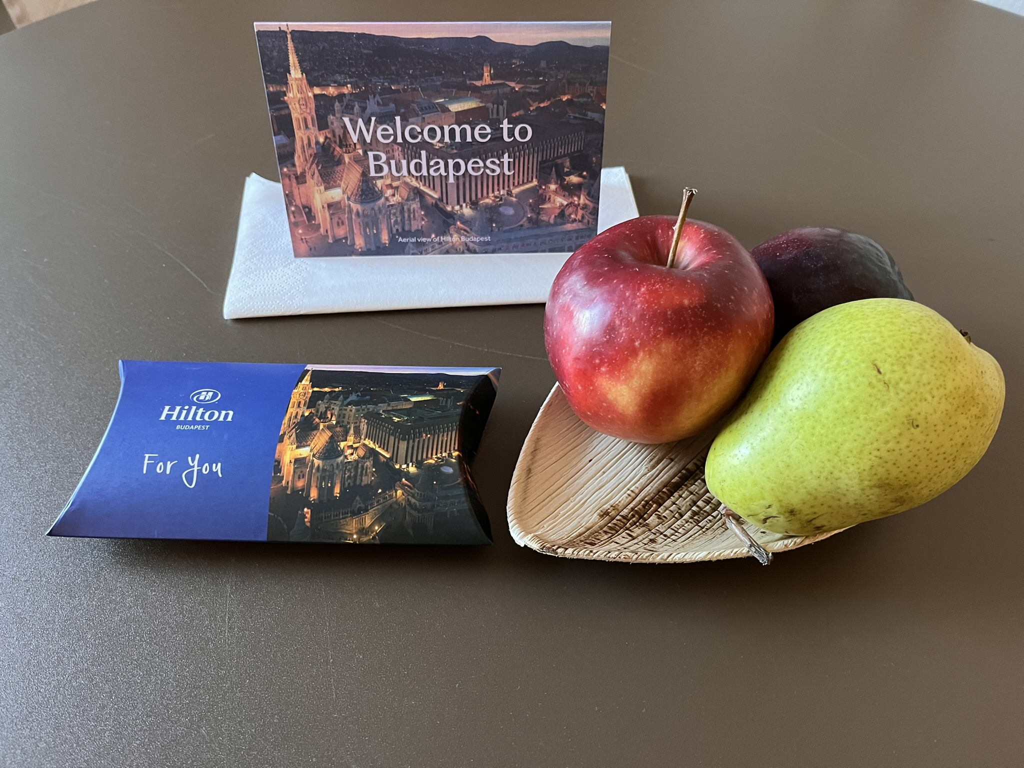 Budapest Hilton Welcome Gift of apple, pear and nuts with card