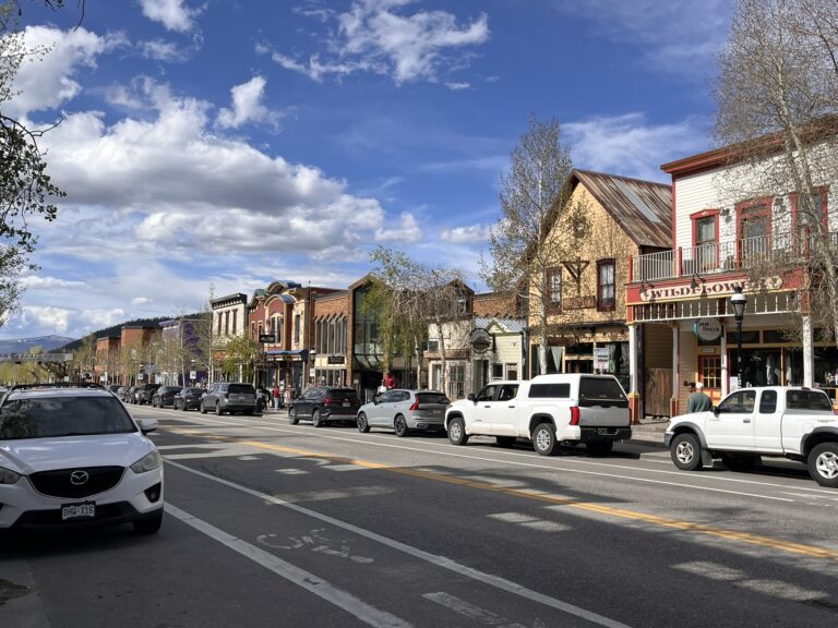 Victorian buildings and cars in Breckenridge Colorado